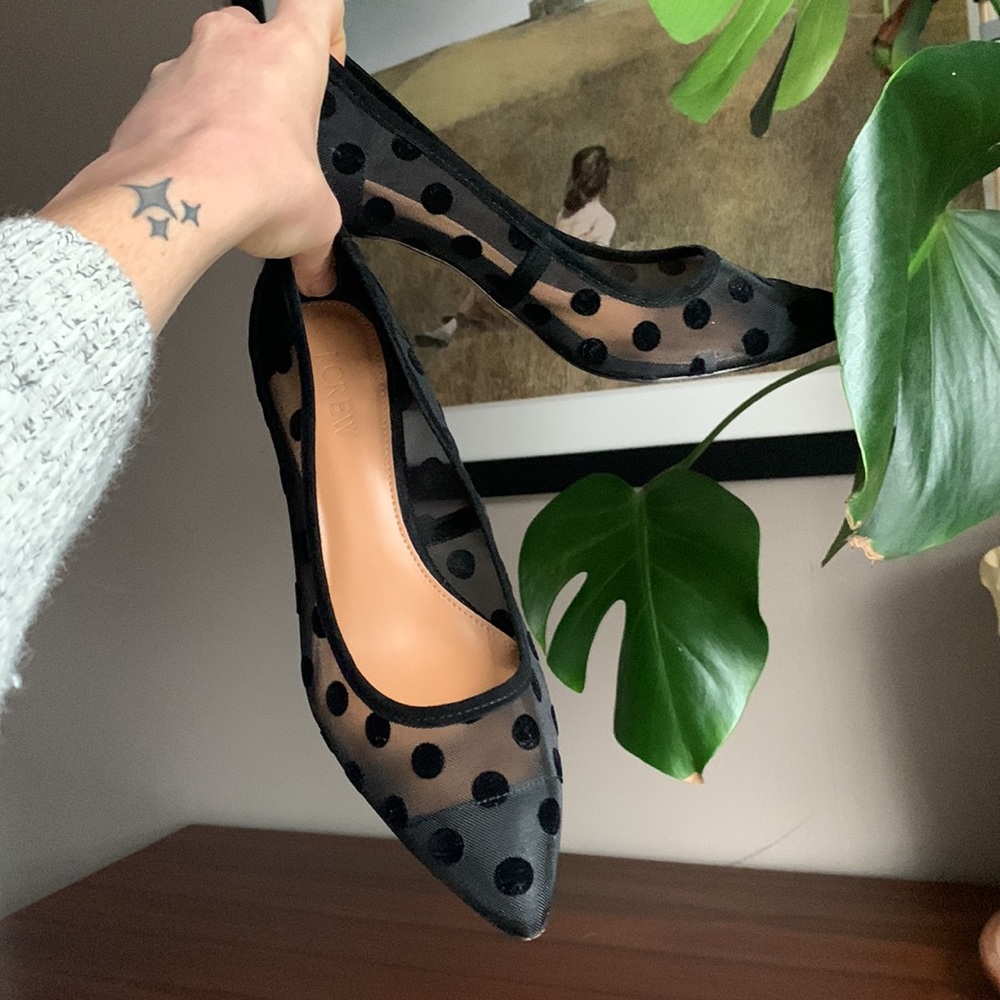 Black Velvet and Mesh Polka Dot Kitten Heels